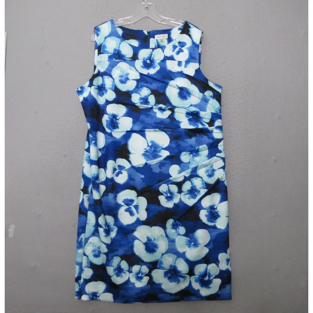 Calvin Klein Dress 18W Blue Floral Sheath Scuba Cocktail Wedding Guest Sunburst
